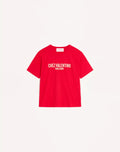 Valentino women's jersey cotton T-shirt with Chez Valentino print, casual fit, white fabric, stylish graphic design.
