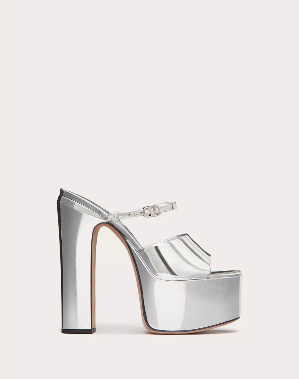 Valentino Garavani Tan-go mirror-effect platform slides for women with 155mm heel, featuring sleek, shiny finish and modern design.