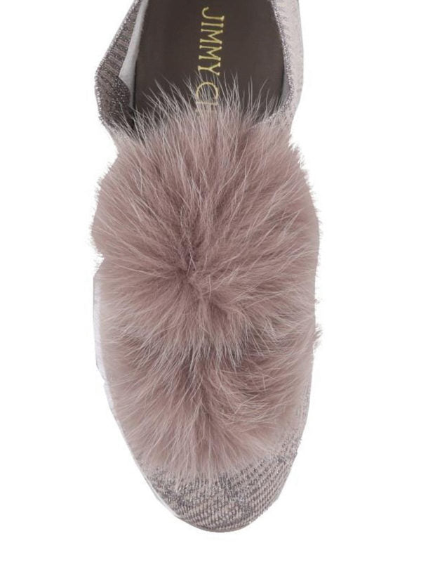 Jimmy Choo Norway slip-on sneakers for women with grey lurex knit and fox fur pompom accents.
