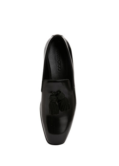 Jimmy Choo men's Foxley patent leather loafers with crystal tassels, stylish men's shoes featuring a sleek glossy finish.