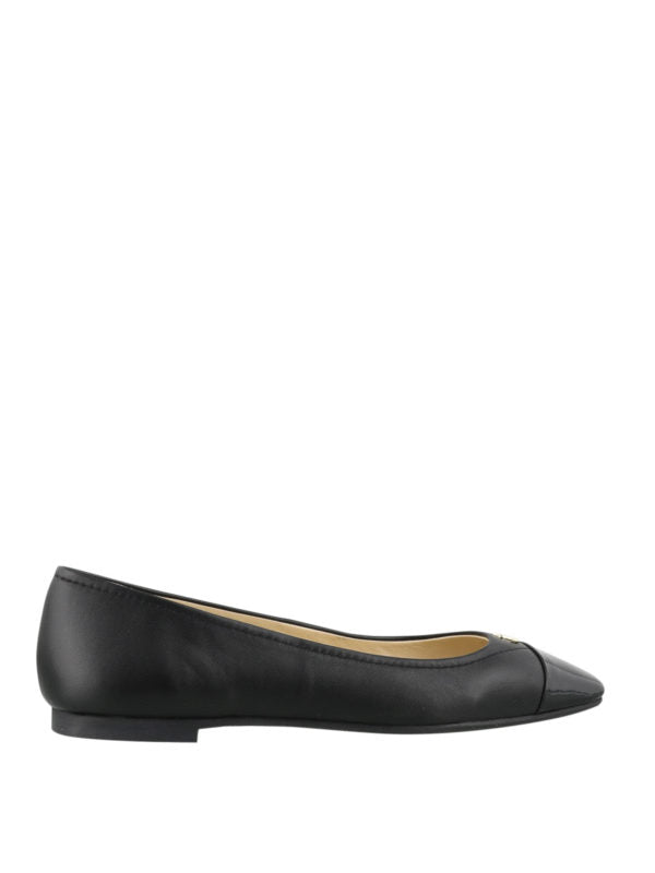 Black leather and patent cap-toe ballet flats for women by Jimmy Choo, stylish and elegant pumps with sleek design.