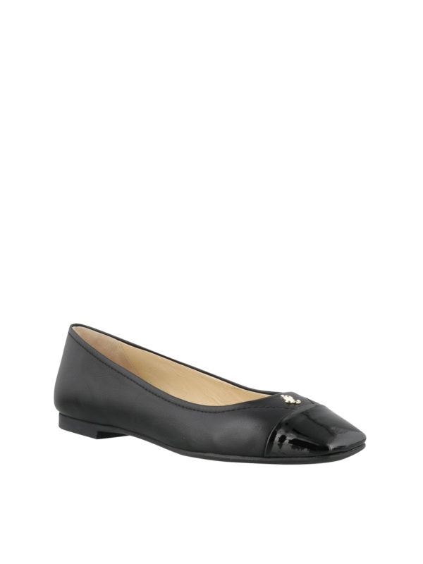 Black leather and patent cap-toe ballet flats from Jimmy Choo, stylish women's pumps with elegant design.