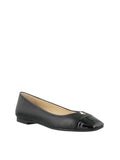 Black leather and patent cap-toe ballet flats from Jimmy Choo, stylish women's pumps with elegant design.