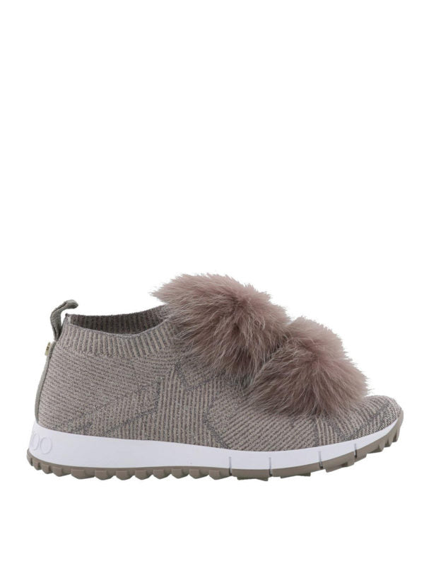 Jimmy Choo Norway slip-on sneakers for women in grey lurex knit with fox fur pompons, stylish and cozy footwear.