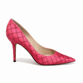 Pink satin Jimmy Choo pointed-toe stiletto pumps with crystal embellishments for women.