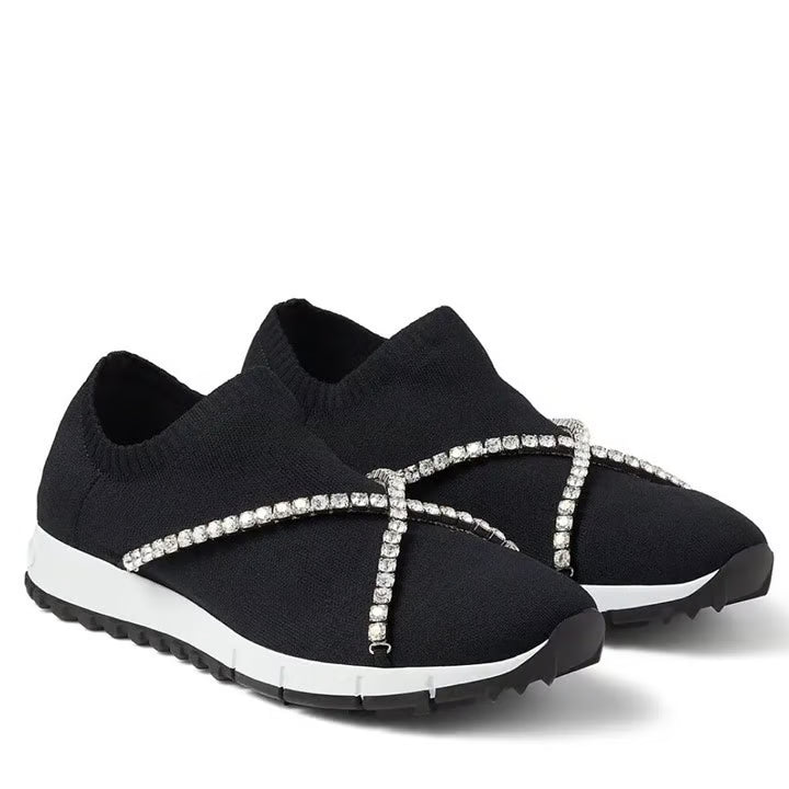 Jimmy Choo crystal-embellished knit sock sneaker for women, featuring a stylish design with sparkling crystal accents.