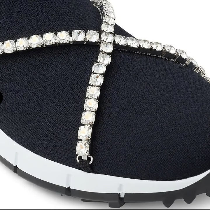 Jimmy Choo crystal-embellished knit sock sneaker for women, featuring a sleek design with sparkling crystal accents.