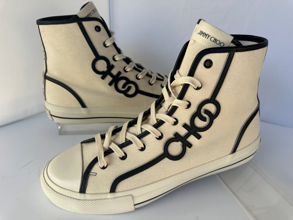 Jimmy Choo Fenix men's high-top sneakers in denim and milk fabric, stylish and modern footwear with a sleek design.