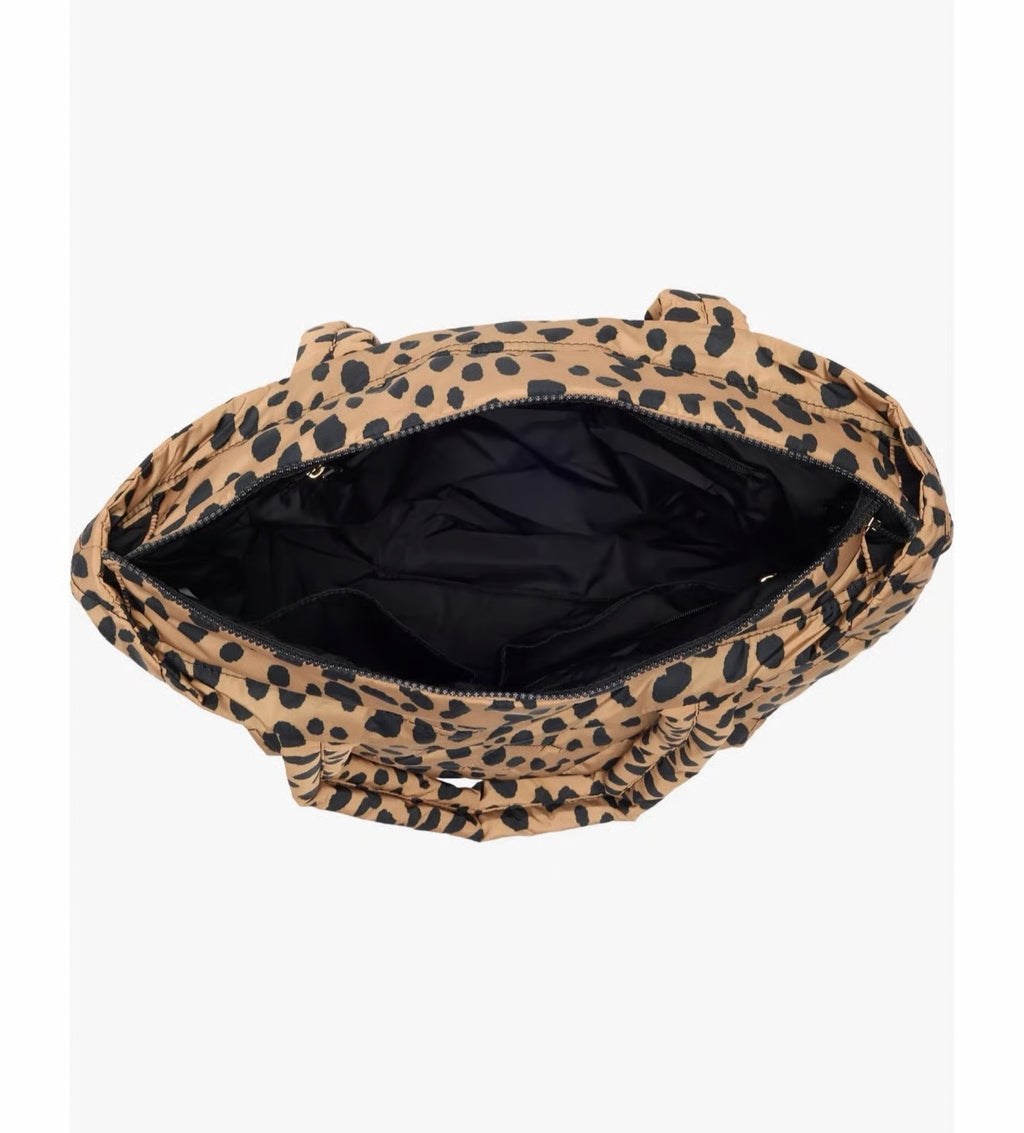 Medium cheetah print quilted nylon tote bag by Marc Jacobs with top handles and spacious interior for everyday use.