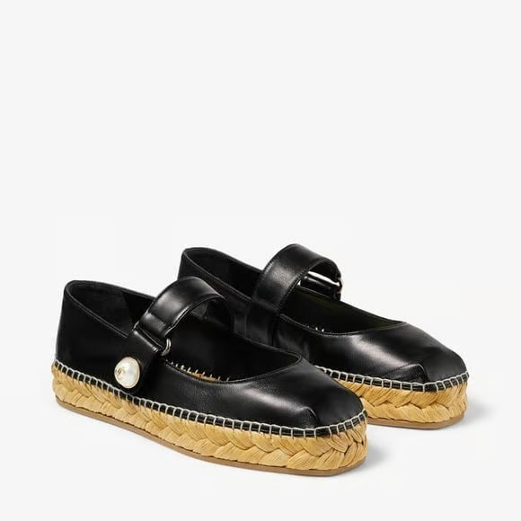Leather Mary Jane espadrille flats for women by Jimmy Choo, featuring a classic strap and comfortable flat sole.