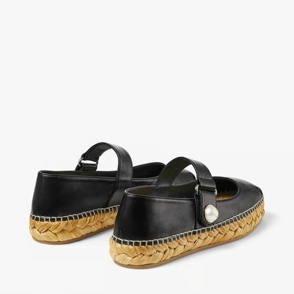 Jimmy Choo leather Mary Jane espadrille flat for women, featuring classic design and comfortable slip-on style.