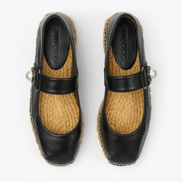 Jimmy Choo leather Mary Jane espadrille flat for women, featuring classic design with comfortable flat sole and stylish strap.