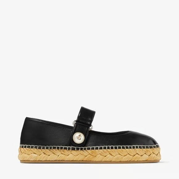 Jimmy Choo leather Mary Jane espadrille flat for women, featuring a classic design with a comfortable sole and stylish straps.