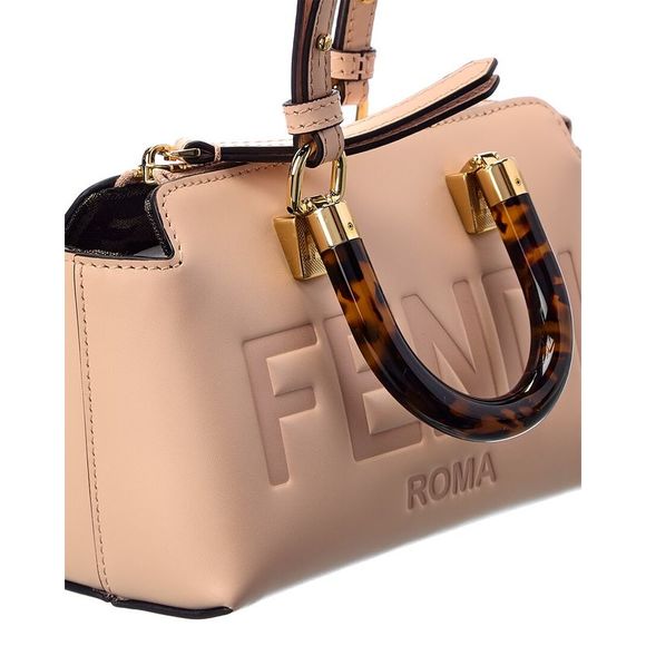 Fendi By The Way Mini Boston Bag in beige leather with top handles and gold hardware for women.