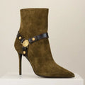 Balmain Medallion Harness suede ankle boots for women with stiletto heels, featuring intricate medallion details and stylish design.