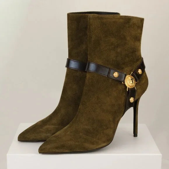 Women Balmain Medallion Harness Suede Ankle Boots with stiletto heels, featuring intricate medallion detailing and sleek ankle design.