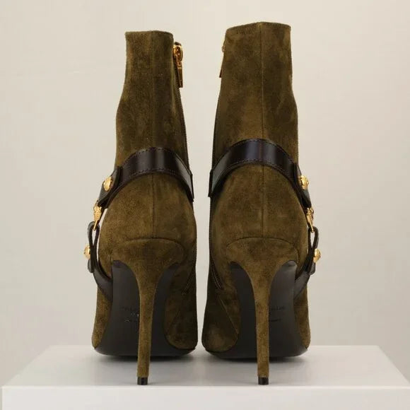 Women’s Balmain Medallion Harness suede ankle boots with stiletto heels, stylish footwear featuring intricate medallion detailing.