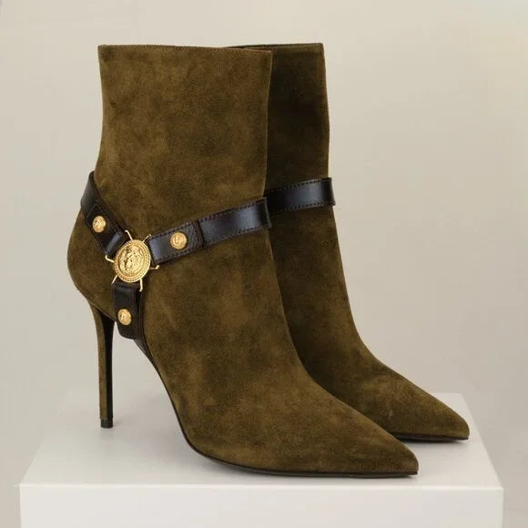 Balmain Medallion Harness suede ankle boots for women with stiletto heels, featuring intricate medallion details and stylish design.
