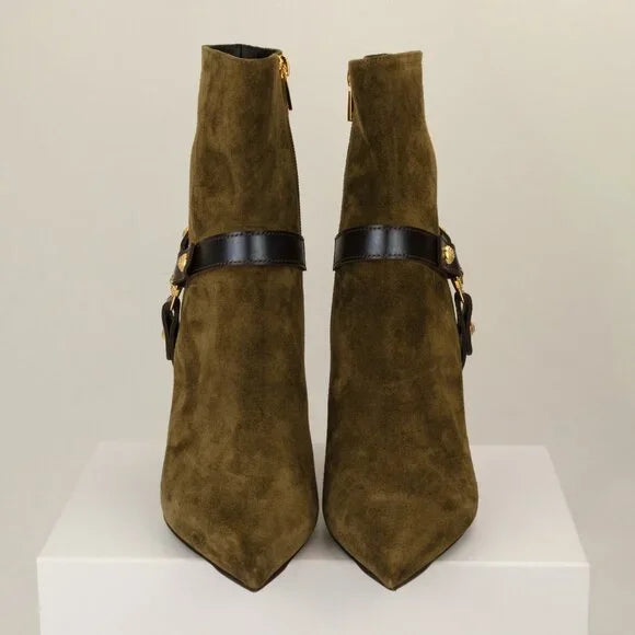 Balmain Medallion Harness suede ankle boots for women with stiletto heel, showcasing detailed medallion harness design and sleek silhouette.