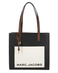 Black Marc Jacobs Grind Logo leather tote bag with multiple logo patterns, stylish and spacious for everyday use.