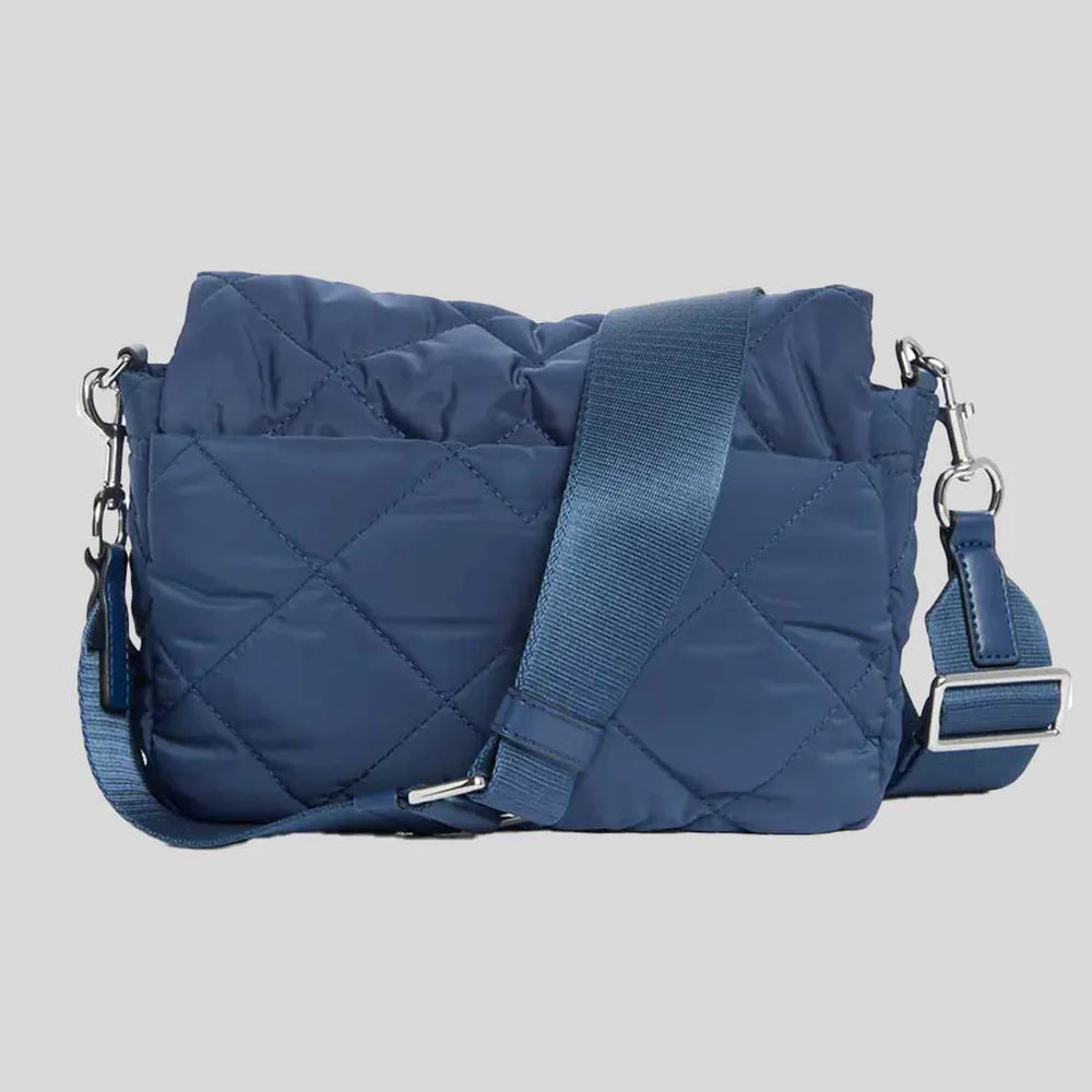 Black quilted nylon Marc Jacobs women's crossbody bag with adjustable strap and signature logo detail.