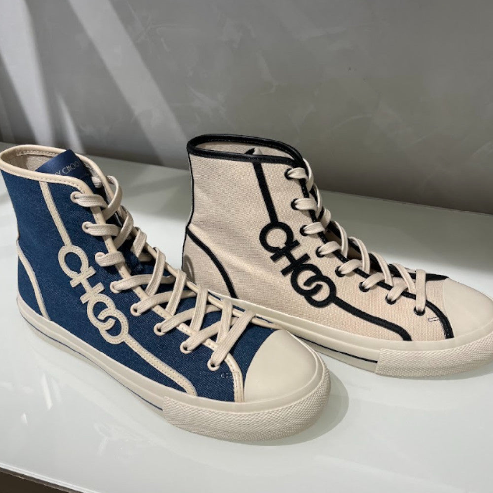Jimmy Choo Fenix men's high-top sneakers in denim and milk fabric with stylish design and modern silhouette.