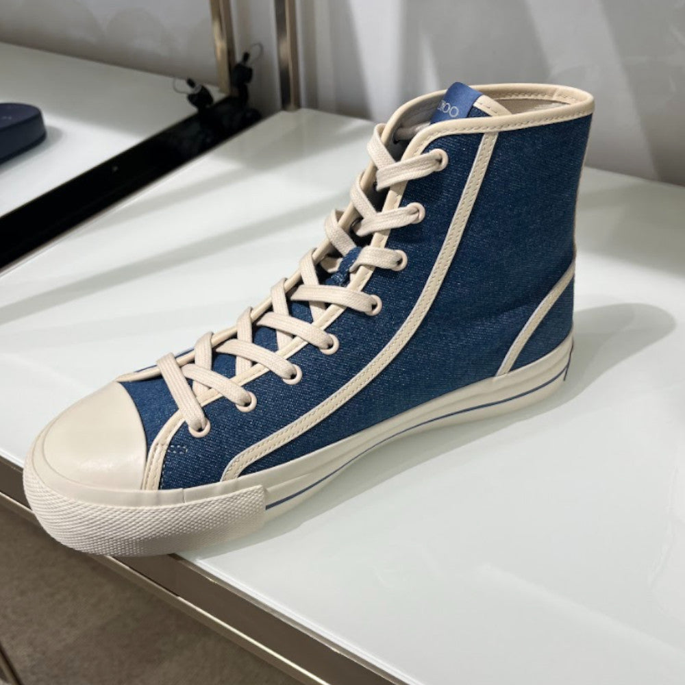 Jimmy Choo Fenix men's high-top sneakers in denim and milk fabric featuring stylish design and detailing.