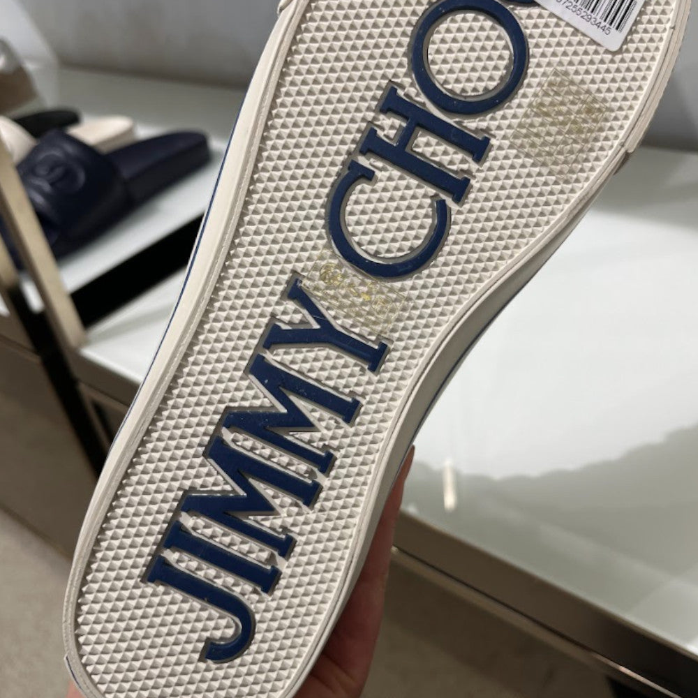 Jimmy Choo Fenix men's high-top sneakers in denim and milk fabric, featuring stylish design and casual footwear appeal.