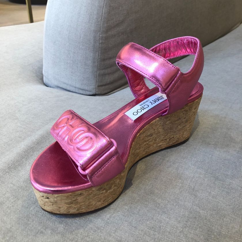 Jimmy Choo Gal Wedge 130 Platform Sandals in a Pink Metallic finish