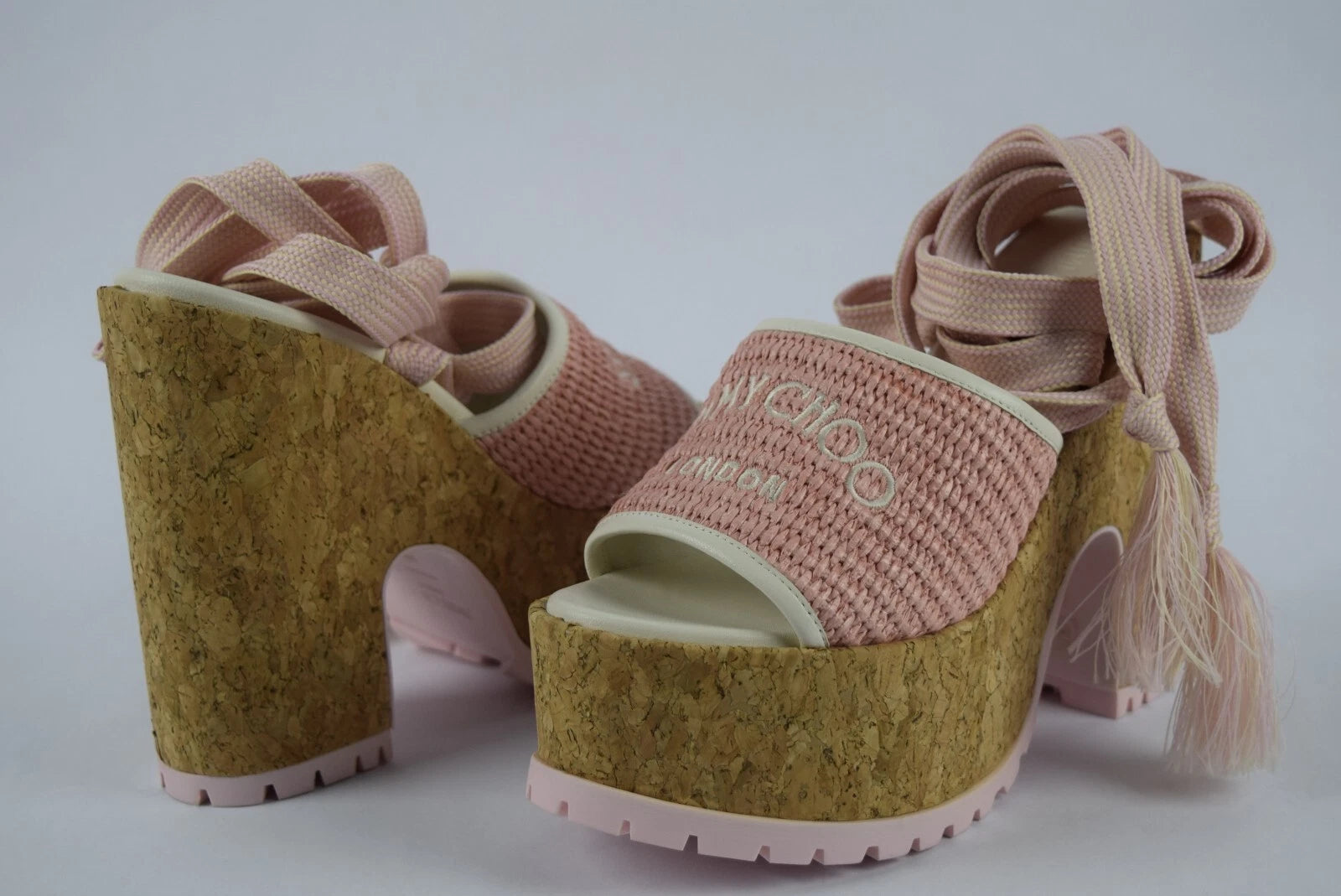 Jimmy Choo Gal Raffia Cork Ankle-tie Platform Sandals