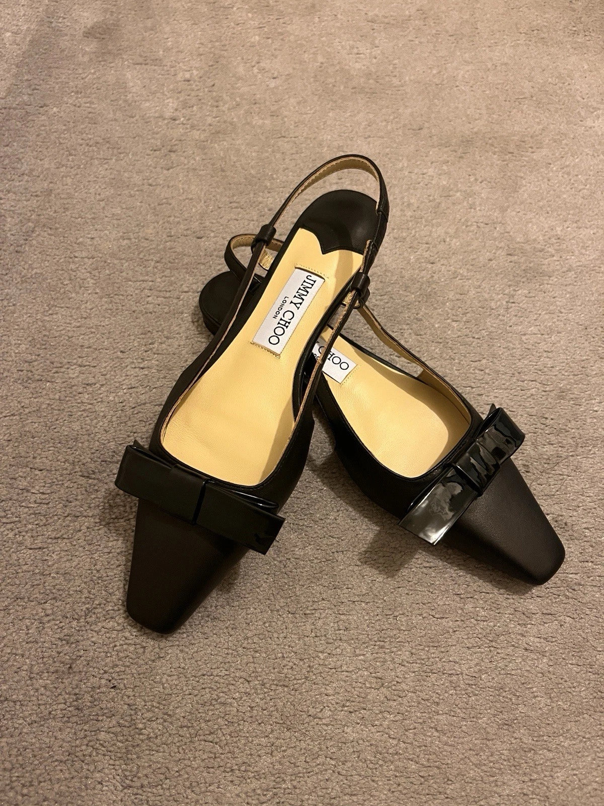 Jimmy Choo Amel or Elisa Slingback Pump in Black Nappa and Patent Leather