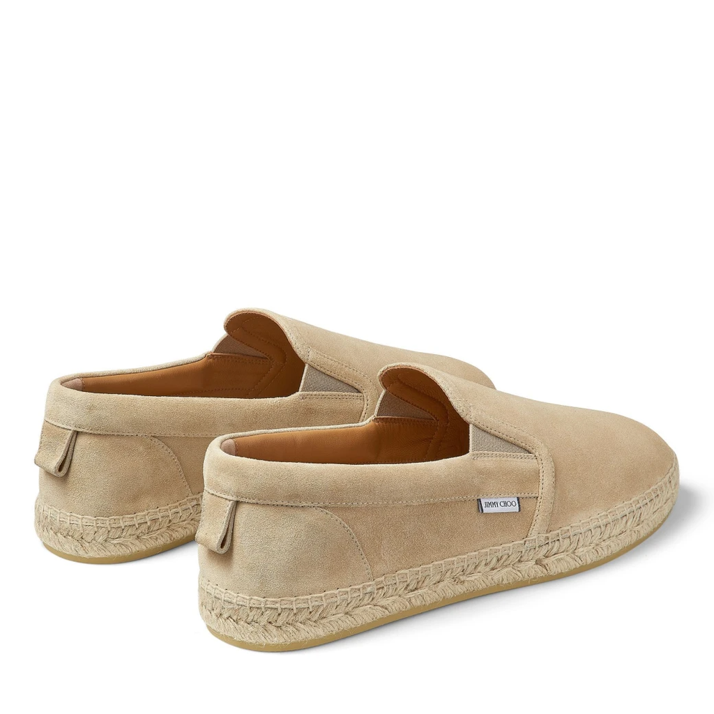 Back view of Jimmy Choo men's suede espadrille slip-ons, stylish and comfortable slip-on shoes in a sleek design.