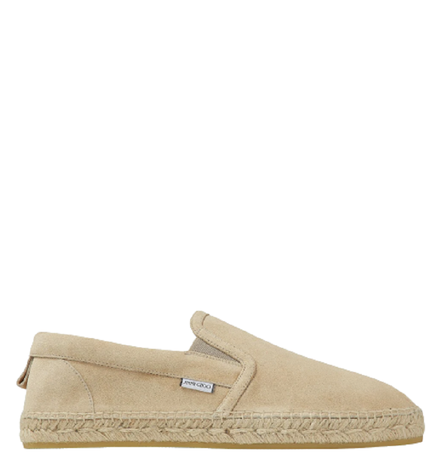 Men's Jimmy Choo suede espadrille slip-ons featuring a side view with a sleek, comfortable design.