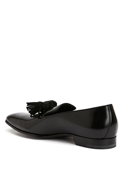 Jimmy Choo men's Foxley patent leather loafers with crystal tassels, stylish men's shoes featuring a polished finish and elegant design.