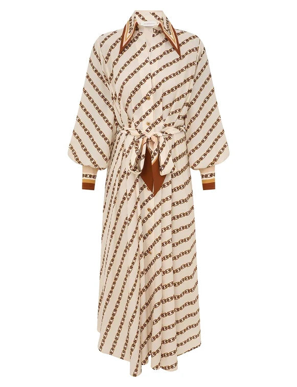 Cream Zimmermann Tuck Midi Shirt Dress for women, featuring a relaxed fit and button-down design, styled with chain accessories.
