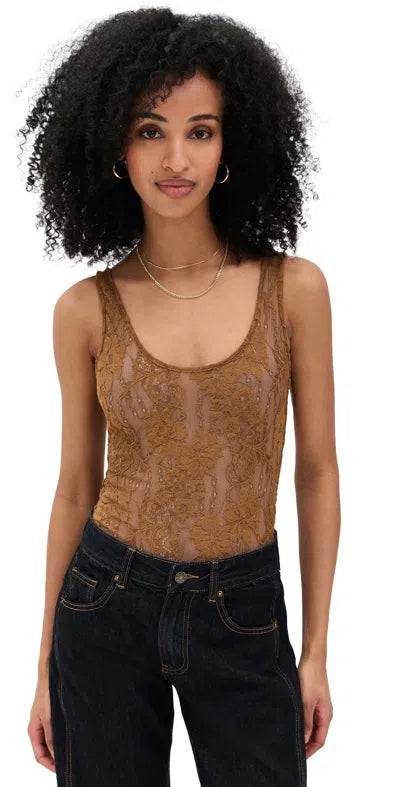 Zimmermann stretch-corded lace scoop bodysuit in hazelnut, women’s apparel, with intricate lace details and fitted design