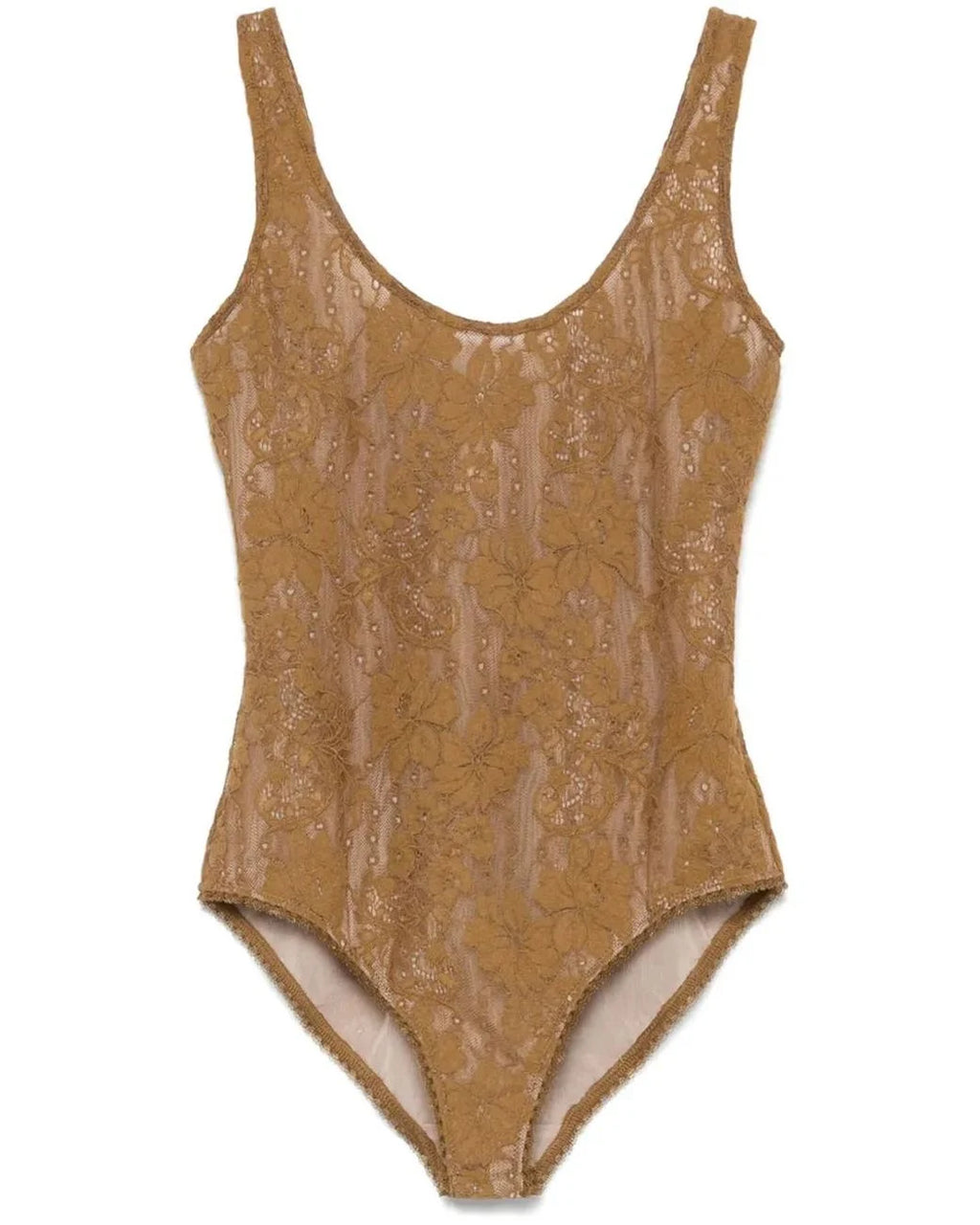 Zimmermann stretch-corded lace scoop bodysuit for women, featuring neutral tones and intricate lace details.