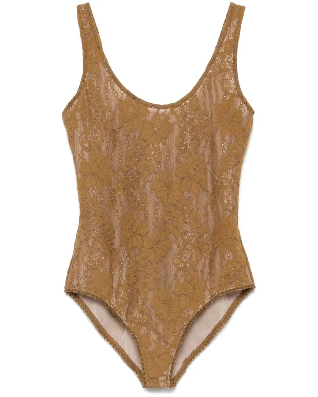 Zimmermann stretch-corded lace scoop bodysuit for women, featuring neutral tones and intricate lace details.